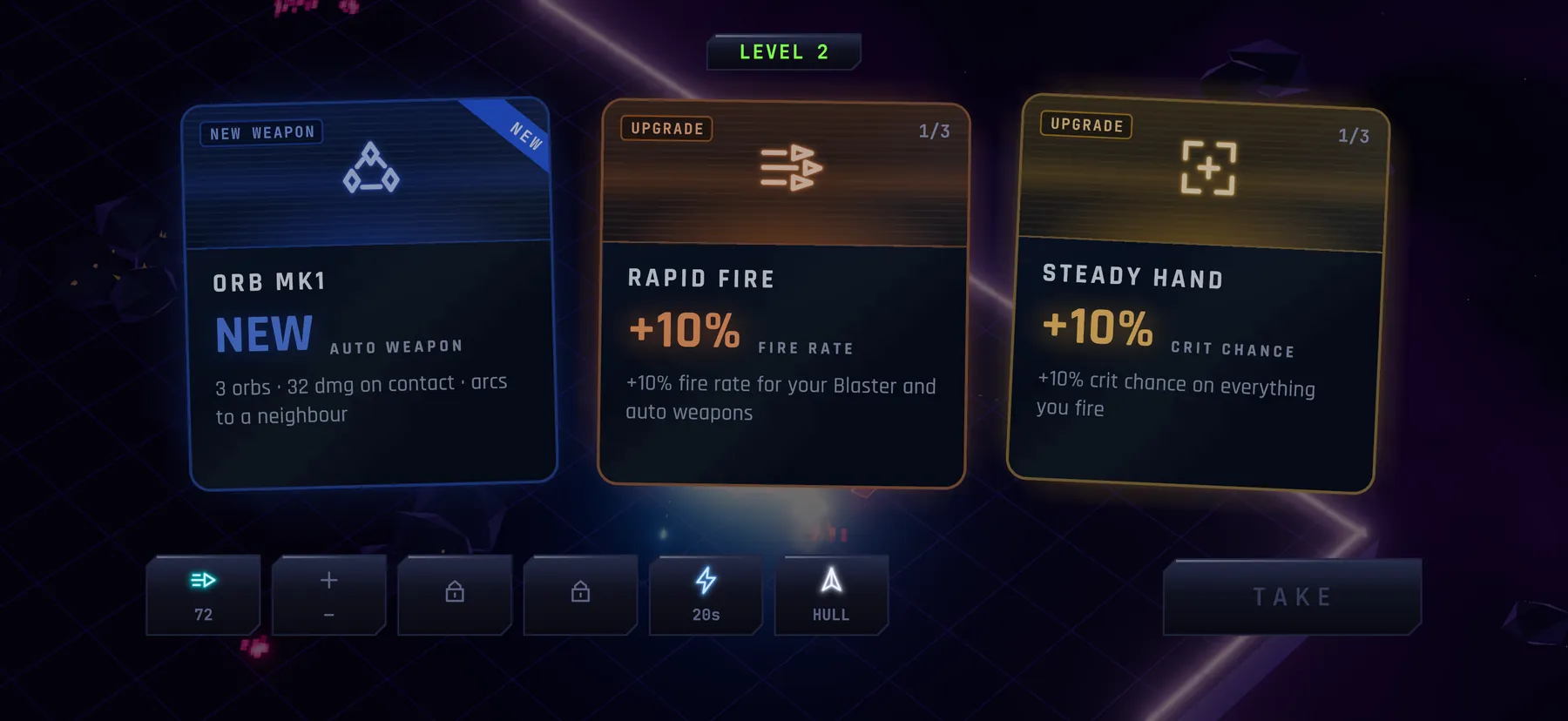 Neon Overrun upgrade draft: choose one of three weapon and upgrade cards