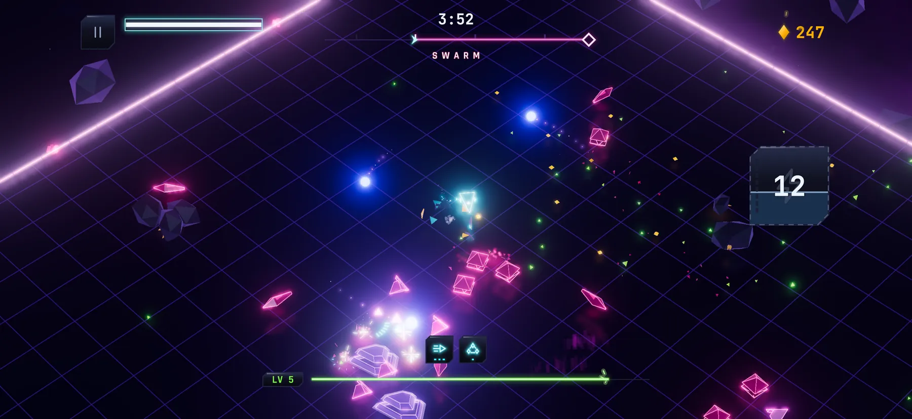 Neon Overrun gameplay: the ship firing into a swarm of neon enemies